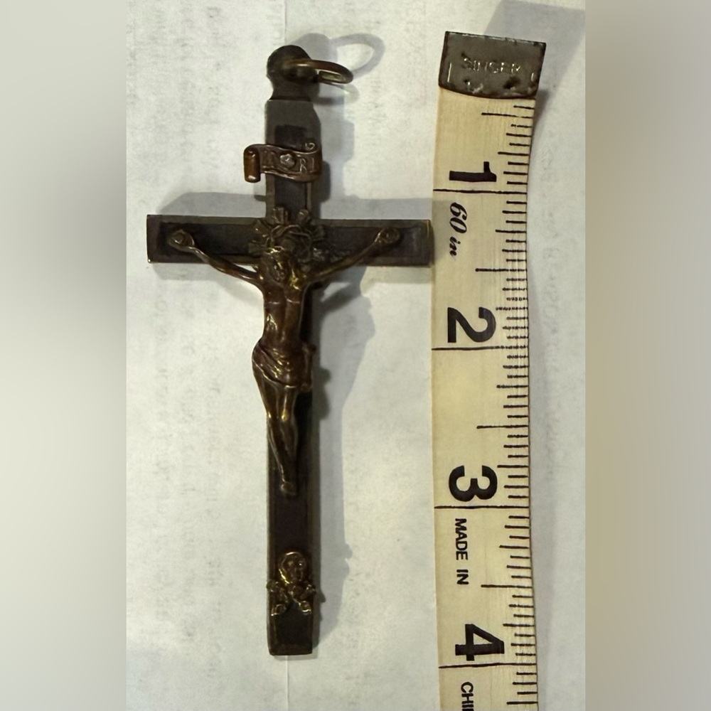 Jesus Christ Cross Crucifix Pectoral Brass Wood 4” Antique 1800s INRI